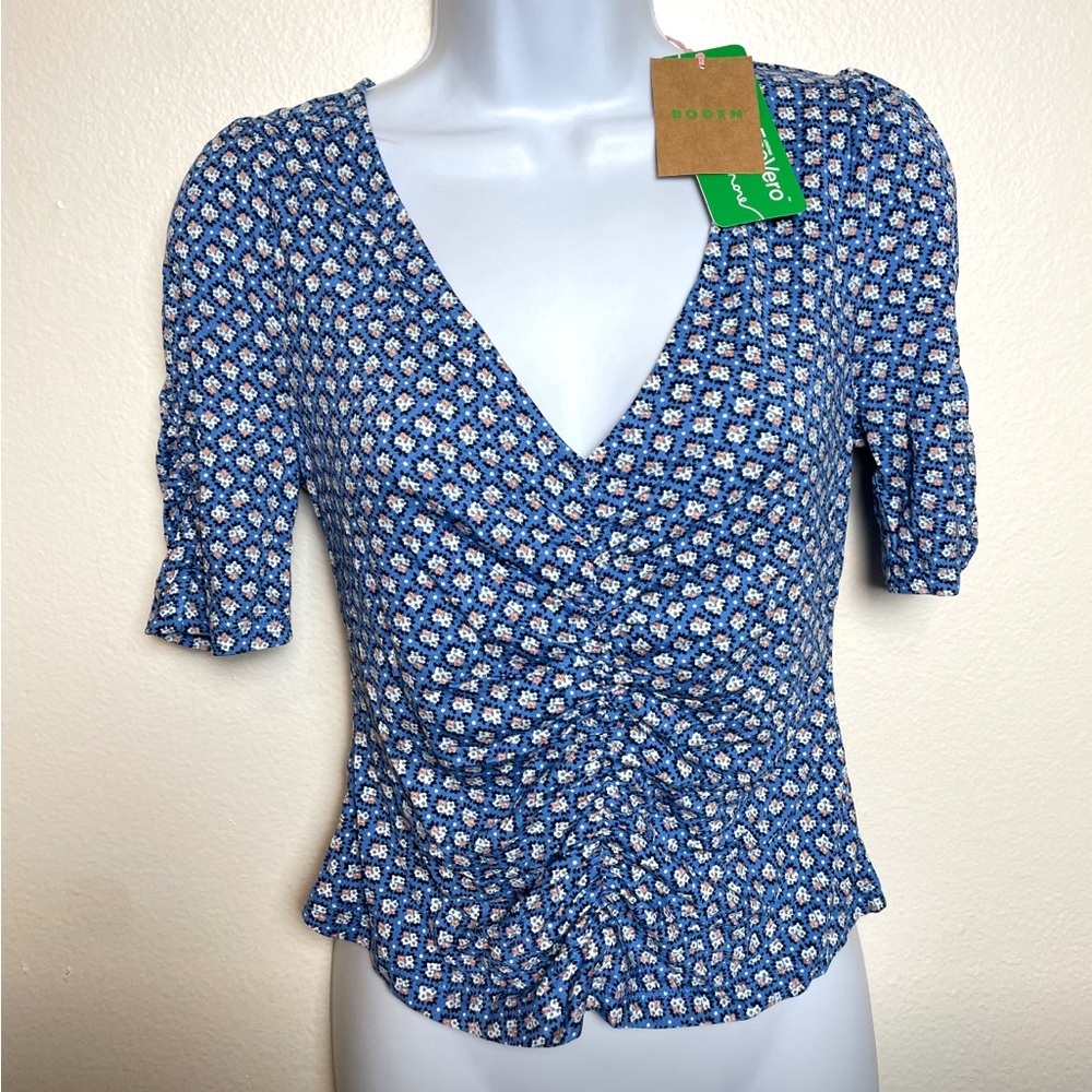 NWT BODEN blue floral Ruched Front Printed top